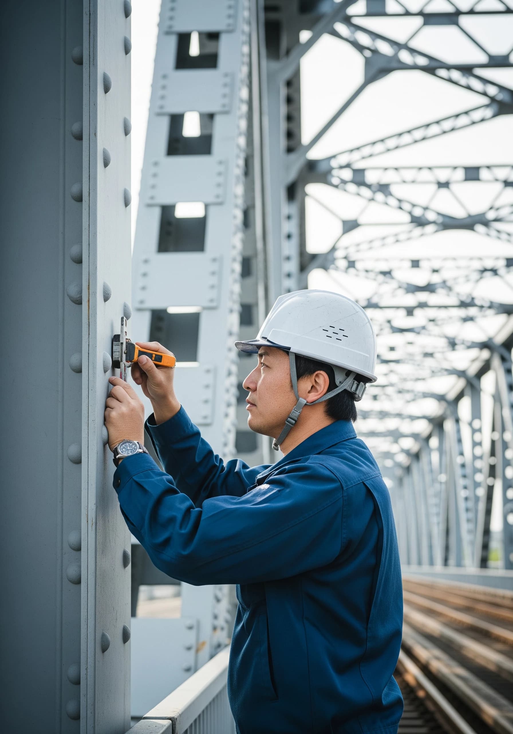 鋼構造物の点検と塗装作業に向かう職人